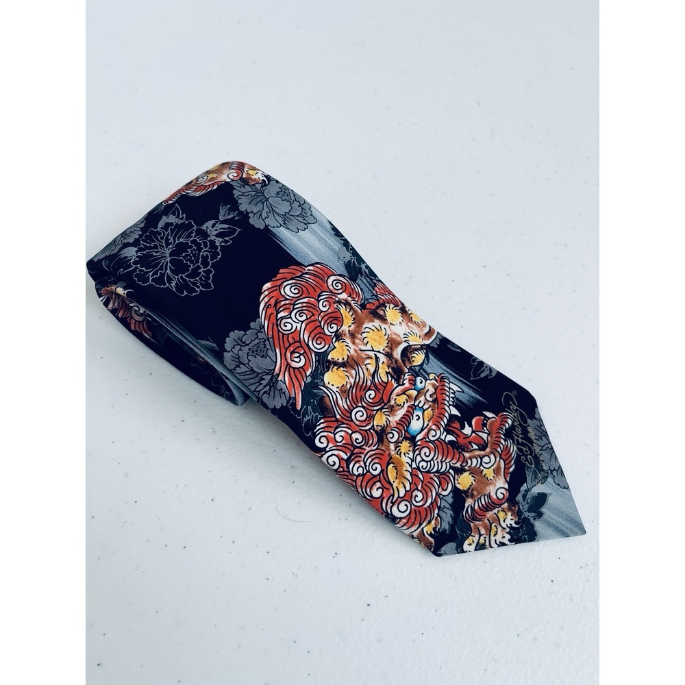 Ed Hardy by Christian Audigier Black Gray Orange Chinese Dragon 100% Silk‎ Tie